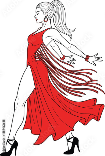 Elegant illustration of a woman in a red dress dancing salsa, professional Latin dancer in motion, performing ballroom dance, isolated,