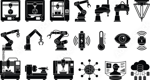 Industrial automation and smart manufacturing vector icon set featuring robotic arms 3d printing and internet of things technology for engineering.
