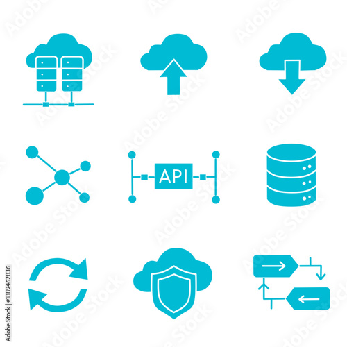 Cloud Technology and Data Transfer Icons Cyan Color Set