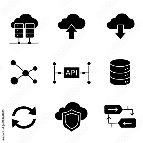 Cloud Computing and Data Infrastructure Icon Set Black Style