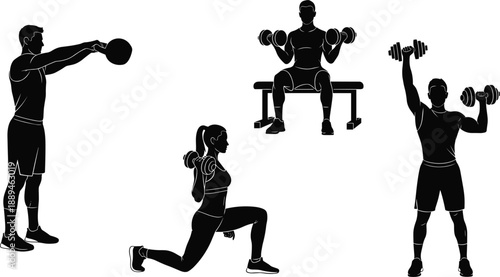 Fitness silhouettes set featuring men and women exercising with dumbbells, kettlebells and lunges for gym workout and strength training designs.