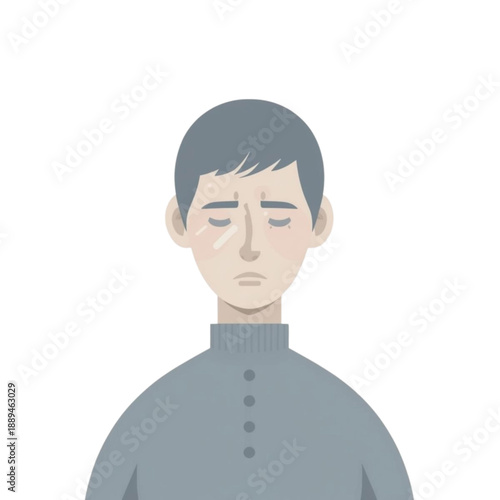 Vector illustration of a sad and vulnerable young man with a bandaged cheek, reflecting emotional distress, recovery, and inner turmoil