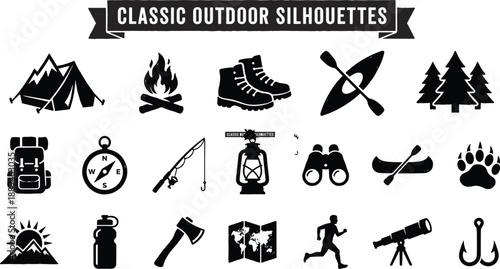 Classic outdoor silhouettes set vector collection of camping hiking and fishing symbols for wilderness adventure and summer travel design