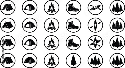 Camping and outdoor nature icons set vector collection of tent campfire and hiking boots symbols inside round circle buttons