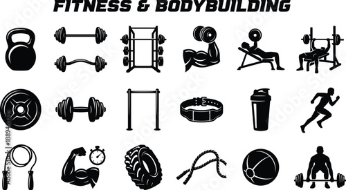 Fitness and bodybuilding silhouette icons set vector illustration of gym equipment weights and exercise symbols for sport training lifestyle