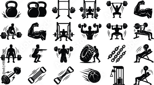 Heavy weightlifting and bodybuilding icons set vector illustration of gym workout strength training and powerlifting symbols for fitness lifestyle