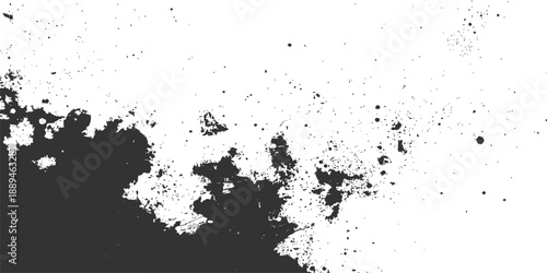 A grunge black ink splat illustration featuring a dirty paint splatter texture and liquid spray drops on an artistic vector frame pattern element