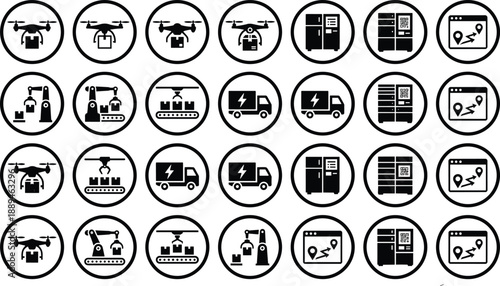 Smart logistics and automated delivery icons set vector collection of drones robotic arms and electric trucks for modern shipping
