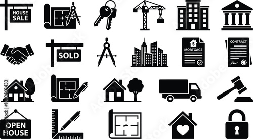 Real estate icons set vector illustration collection of house property building and construction symbols for sale rent and mortgage applications