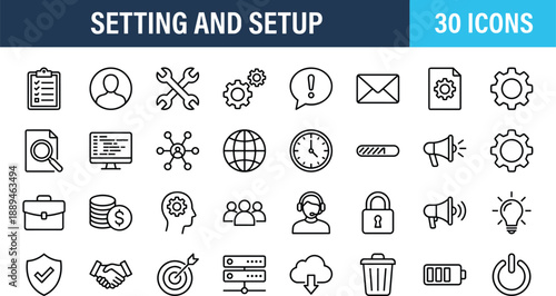 Setting and setup line icons vector collection of technical configuration gears and business management symbols for modern user interface design