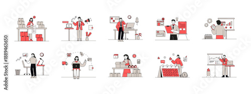 Set of 10 solopreneur illustrations. Flat vector concepts.