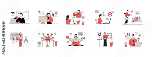Set of 10 solopreneur illustrations. Flat vector concepts.