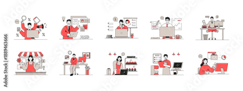Set of 10 solopreneur illustrations. Flat vector concepts.