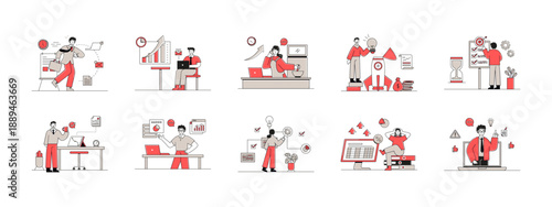 Set of 10 solopreneur illustrations. Flat vector concepts.