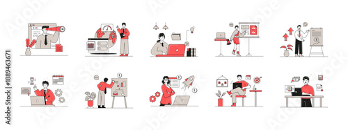Set of 10 solopreneur illustrations. Flat vector concepts.