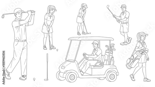 Line art collection of golfers in various actions, including swinging, putting, driving a golf cart, and carrying equipment.