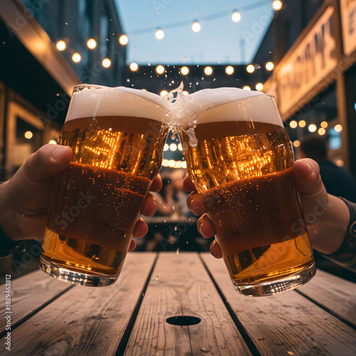 Two glasses of craft beer clinking in a toast with splashing foam and blurred friends celebrating