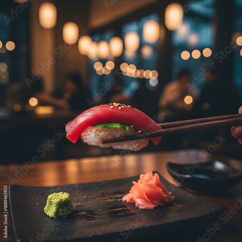 Close-up of wooden chopsticks holding a fresh sushi