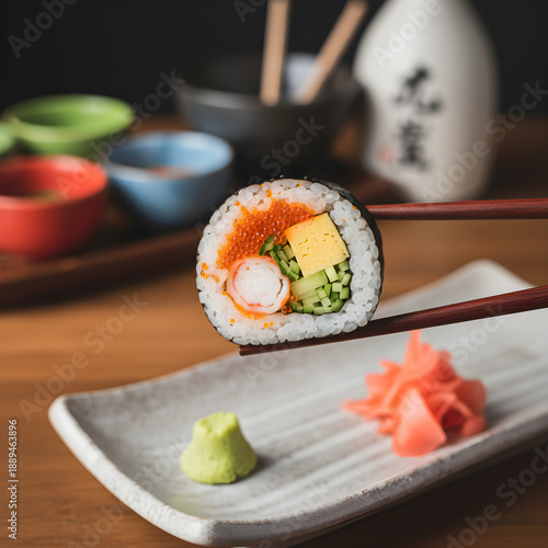 Close-up of wooden chopsticks holding a fresh sushi