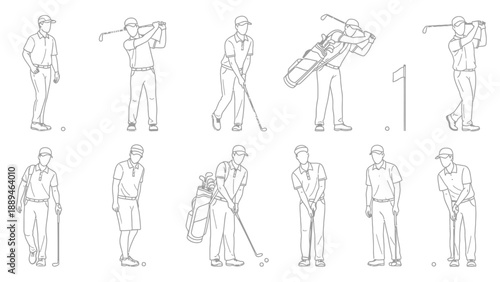 Line art illustrations depicting various poses and actions of golfers playing on a course.