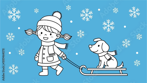 A cute cartoon girl pulling a dog on a sled in a snowy winter scene with falling snowflakes, perfect for a coloring page.