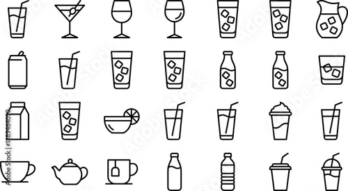 Outline beverage and drink icons set featuring cocktails coffee tea juice water glasses bottles cups vector collection minimal modern design