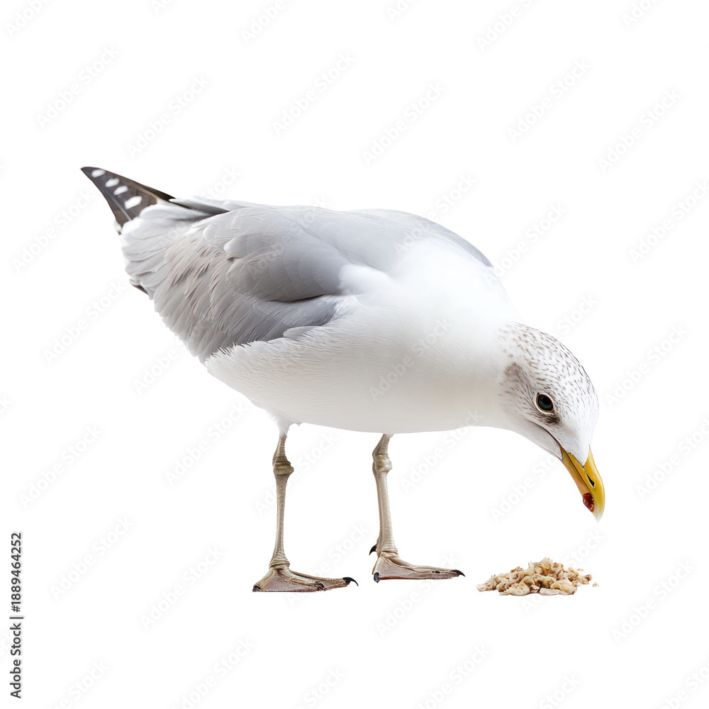 Fototapeta premium Seagull feeding A seagull pecks at food or scavenges along the ground. full length isolate on transparent background