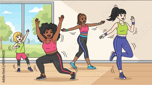 Four diverse women and a child enthusiastically exercising together in a bright fitness studio, enjoying a lively group workout session.