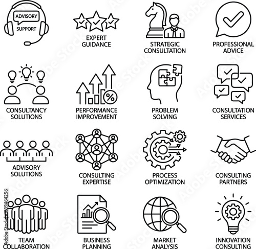 Outline consulting and advisory service icons set featuring expert guidance strategic planning problem solving business optimization vector design modern ui