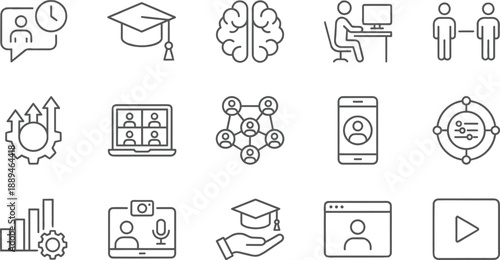 Outline education and business collaboration icons set for online learning networking analytics growth management communication modern vector ui design collection