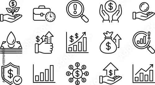 Outline finance and investment icons set illustrating growth profit savings analysis risk management wealth protection vector design modern ui collection