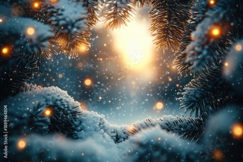 Wallpaper Mural close-up of snow-covered evergreen branches framing warm glowing golden lights and falling snow, evoking a cozy peaceful magical winter scene Torontodigital.ca