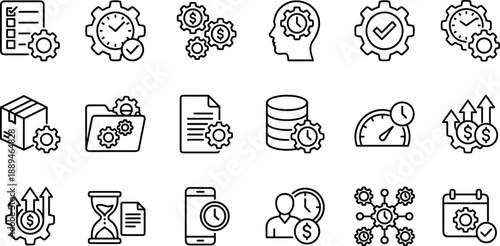 Outline productivity and workflow management icons set showing time tracking cost optimization efficiency planning automation vector design for business use