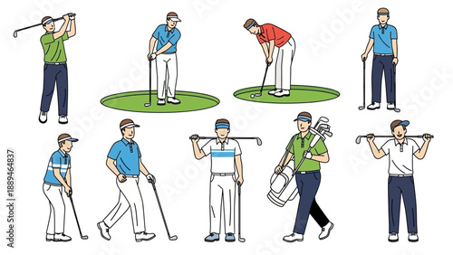 Illustrations of male golfers in various poses and actions on a golf course, including swinging, putting, and carrying clubs.