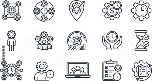 Outline productivity and time management icons set illustrating efficiency workflow optimization performance tracking automation business process vector design