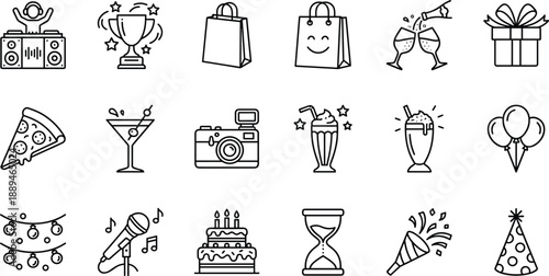 Party and celebration line icon set, featuring music food drinks shopping gifts balloons photography birthday event fun concepts nightlife festival