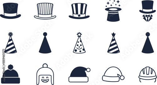 Party hat and magic top hat icons set, celebration costume headwear symbols, holiday event accessories collection, flat vector illustration design