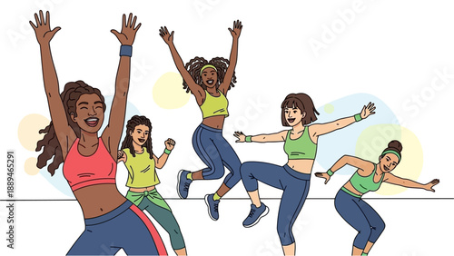 Five diverse women joyfully dancing and exercising together in a vibrant fitness class, showcasing energy and healthy lifestyle.