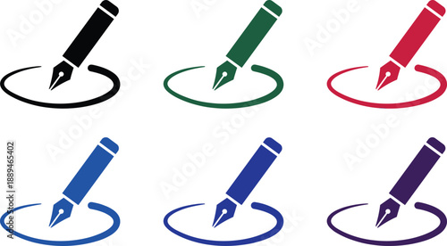 Pen signature icon set, writing fountain pen symbols, document signing concept, colorful flat vector illustration collection for business, education, legal use
