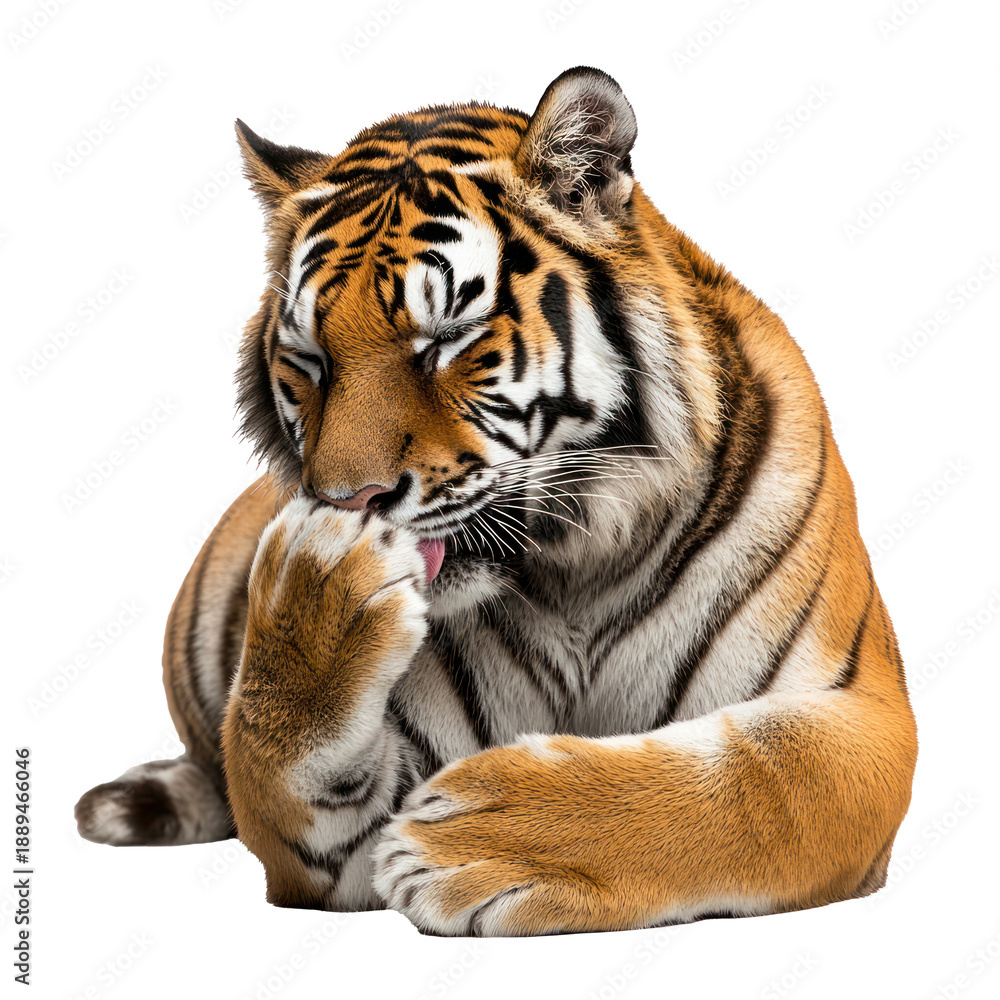 Obraz premium Tiger grooming A tiger licks its paw and wipes its face, cleaning itself carefully. full length isolate on transparent background