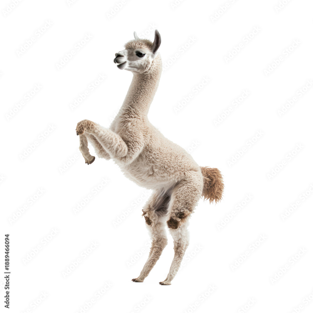 Fototapeta premium Alpaca playing An alpaca leaps or hops playfully, kicking its legs in the air. full length isolate on transparent background