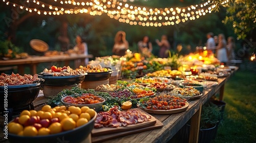 Outdoor evening buffet with a variety of colorful fresh fruits, vegetables, salads, cured meats, and dishes under warm string lights with people socializing in the background