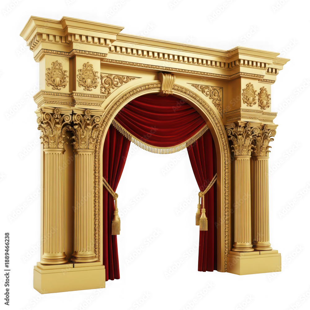 Obraz premium Ornate theater arch with red curtains isolated on transparent background