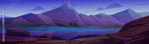 Mountain landscape with lake at night