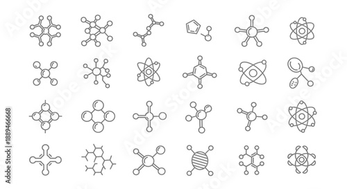 A collection of diverse simplistic black and white illustrations depicting various molecular and atomic structures