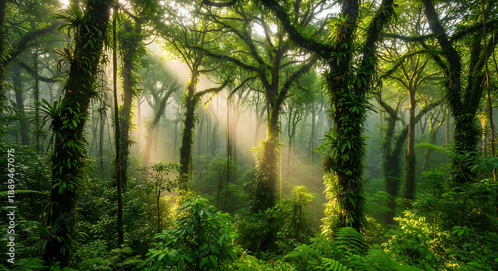 Fototapeta premium Sunlight streams through the dense canopy of an old growth tropical rainforest illuminating misty air and vibrant green foliage clinging to ancient tree trunks creating a magical atmosphere.