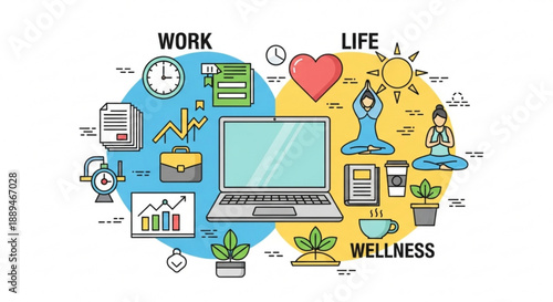 Work life balance concept with laptop and wellness icons