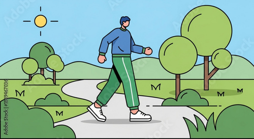 Man walking on a winding path in a green park with trees and sunny sky