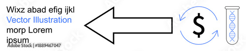 Financial systems, biotechnology, genetic analysis, research funding, economic flow, innovation. Arrow pointing to dollar sign and a DNA helix. Financial systems and biotechnology concept