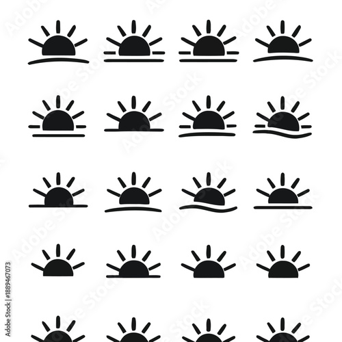 A grid of sixteen simple black silhouettes depicting rising or setting suns over water